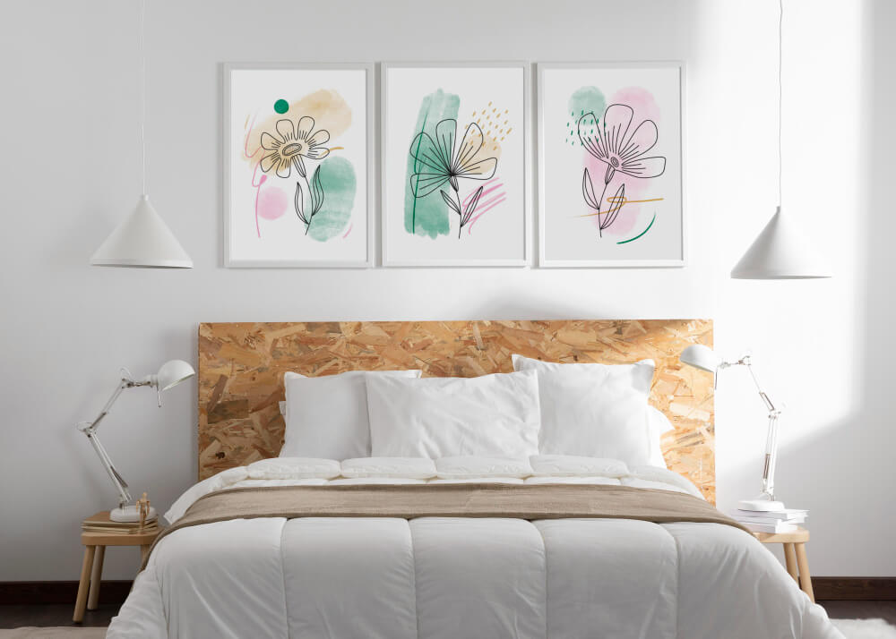 interior-design-with-photoframes-bed-with-pillows decoration bedroom<br />
