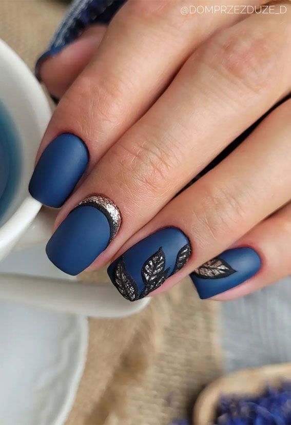 dark navy fall nail ideas with leaves dark navy fall nail ideas with leaves