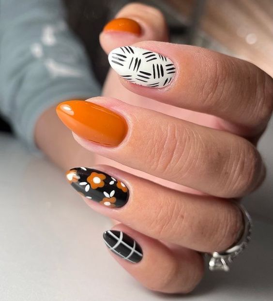 fall nail ideas black plaid flower patterned fall nail ideas black plaid flower patterned