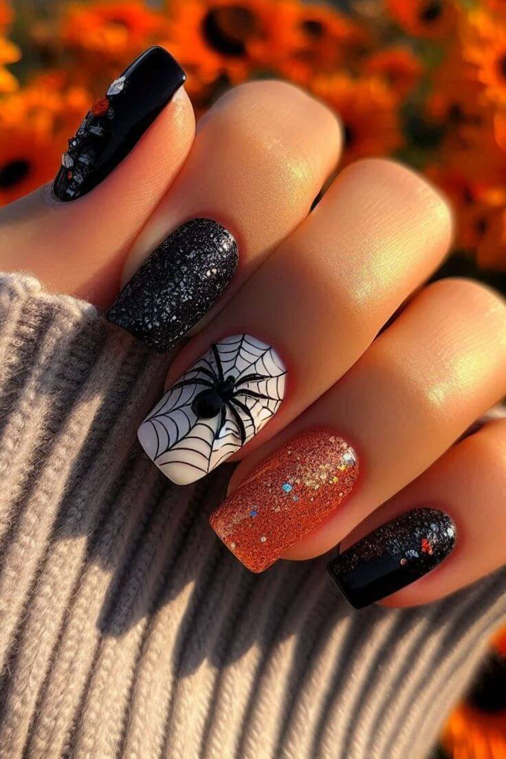 Spooky spider webs and glitter nails Spooky spider webs and glitter nails