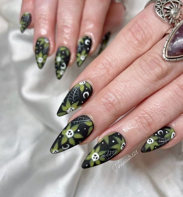 halloween skulls and leaves in black nails halloween skulls and leaves in black nails
