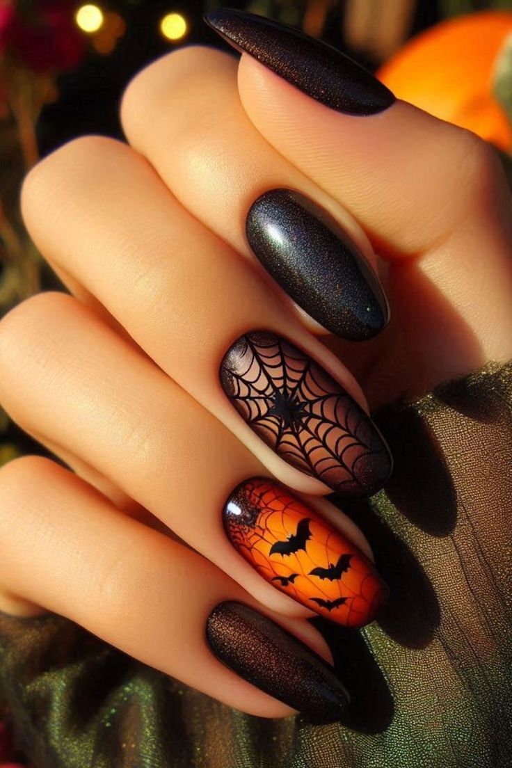 spider web and bats - Halloween Nail Ideas spider web and bats - Halloween Nail Ideas