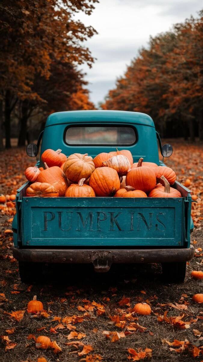 Autumn truck with pumpkins wallpaper
