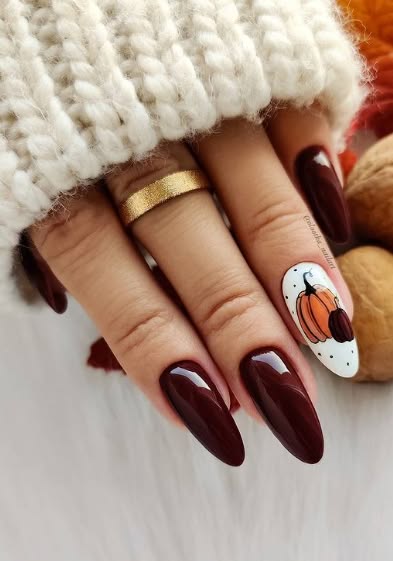 Burgundy and White Nail Designs with Cute Pumpkins Burgundy and White Nail Designs with Cute Pumpkins