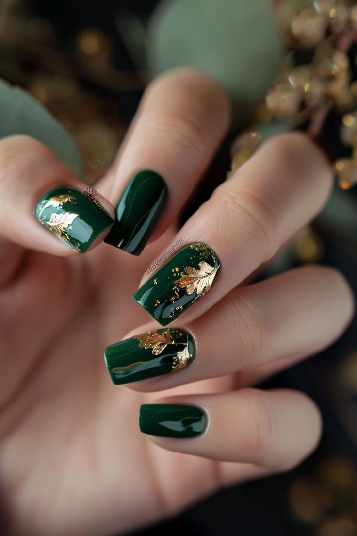Emerald Green Nails with Leafy design Emerald Green Nails with Leafy design
