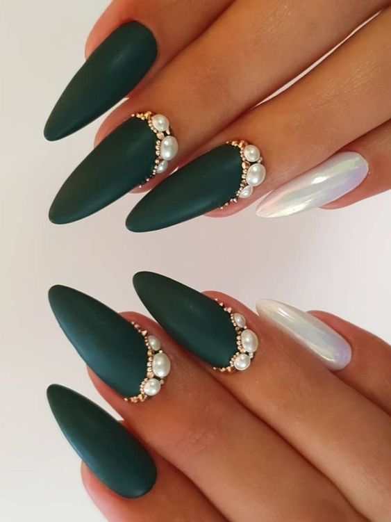 dark green nails with pearls dark green nails with pearls