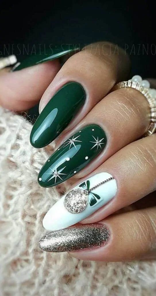 green nails with white christmas ornament green nails with white christmas ornament