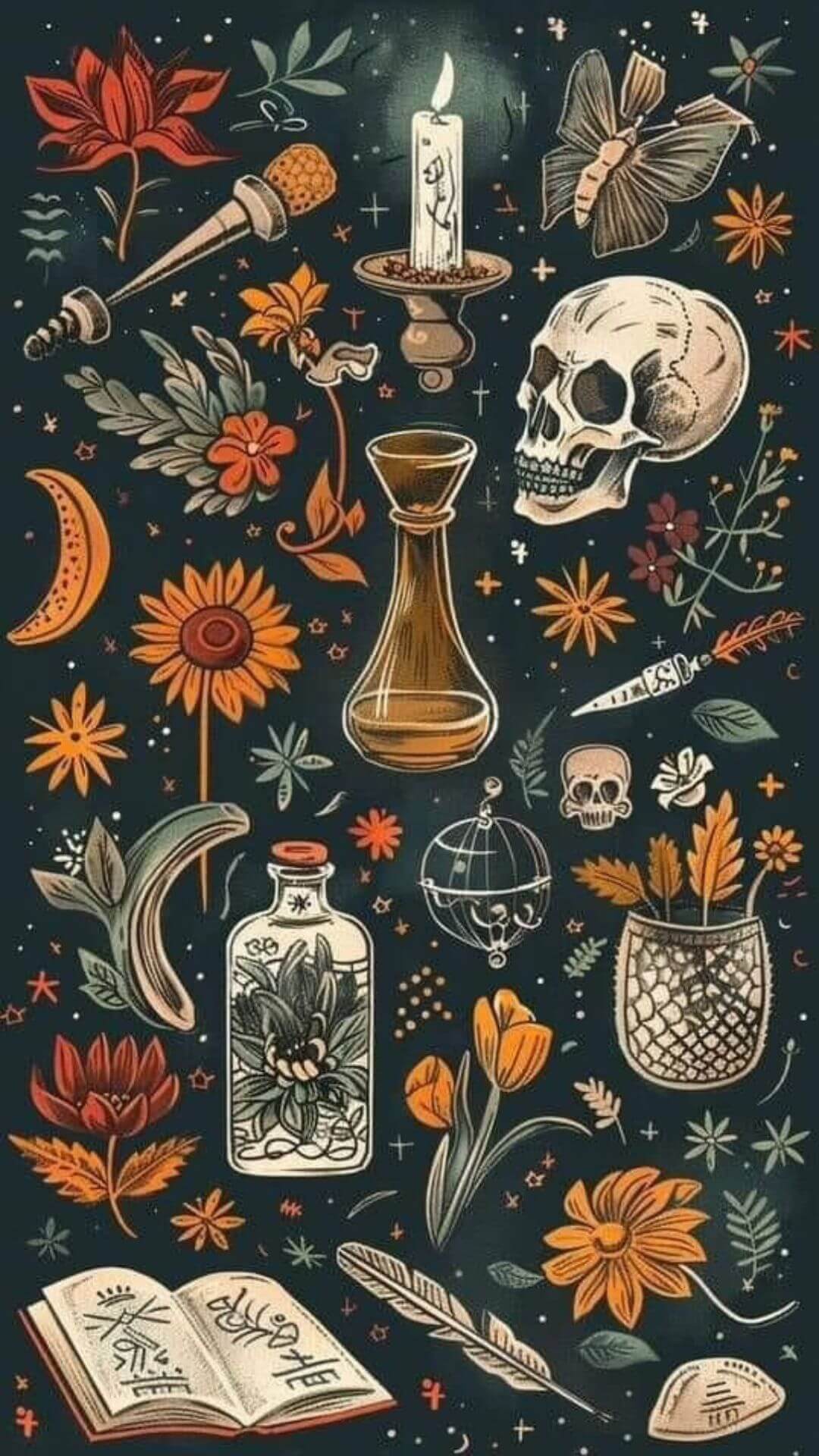 halloween phone wallpaper - skulls and plants 2