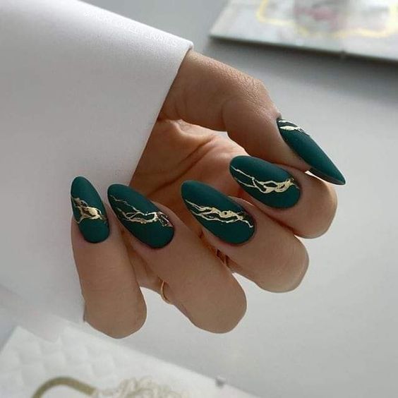 matte green with gold nails matte green with gold nails