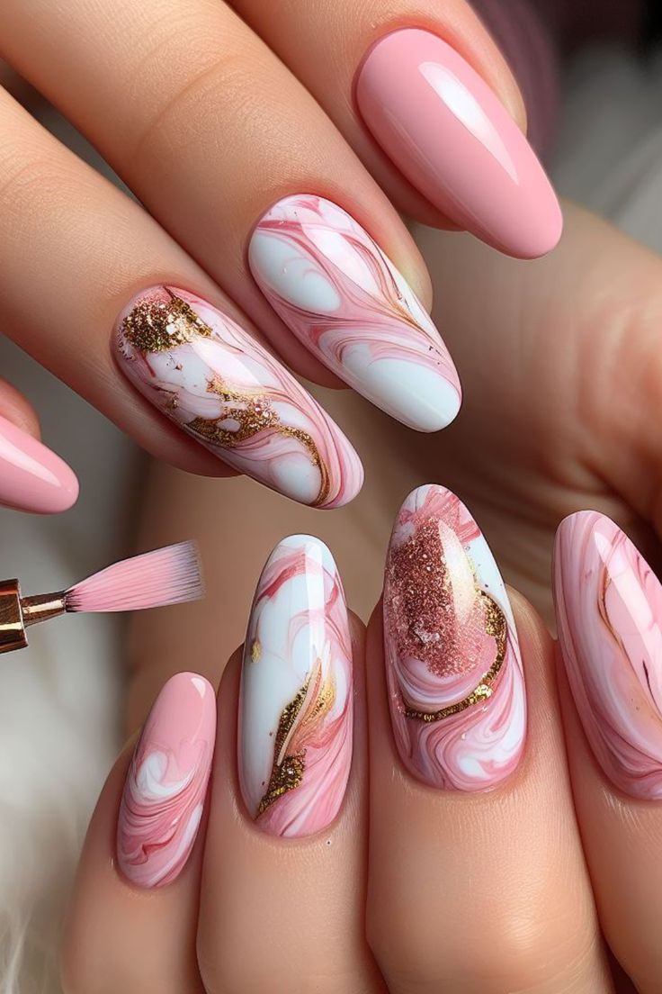Marbled pink almond nails ideas Marbled pink almond nails ideas
