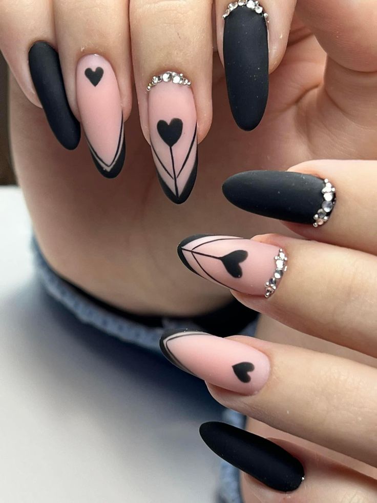 black valentines day nails with crystals black valentines day nails with crystals