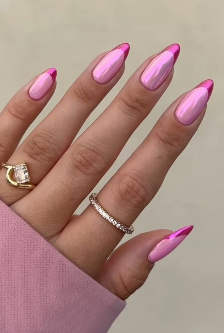 chrome pink almond nails with pink french tips chrome pink almond nails with pink french tips