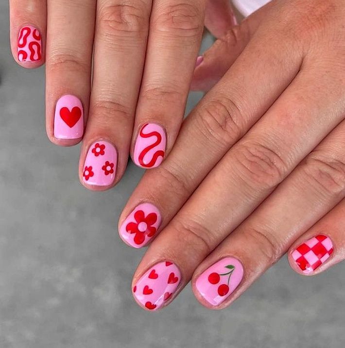 pink nails with cherry and flowers pink nails with cherry and flowers