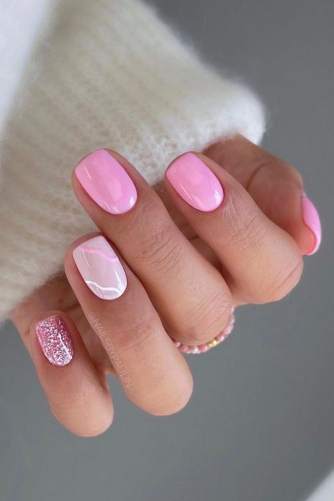 2. Chic Light Pink Short Nails with Glitter and Marble Designs 2. Chic Light Pink Short Nails with Glitter and Marble Designs