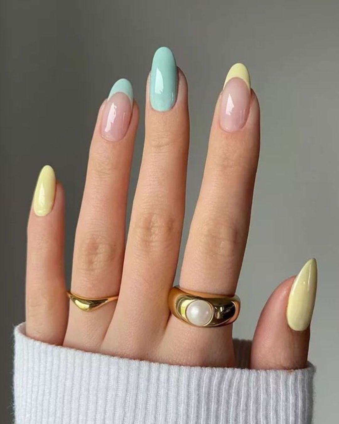 Pastel Mint Green and yellow french tips nails Pastel Mint Green and yellow french tips nails