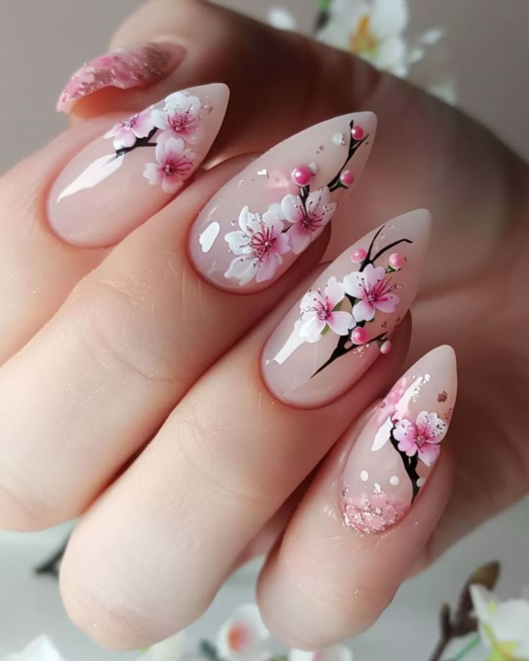 Spring Cherry Blossom Almond Nails - Sakura - Flower elements on nails Spring Cherry Blossom Almond Nails - Sakura - Flower elements on nails