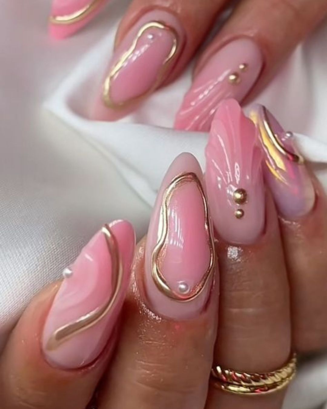 gold and pink spring nails with sea elements gold and pink spring nails with sea elements