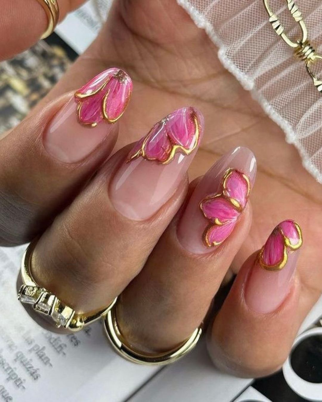 pink and gold flower almond nail designs pink and gold flower almond nail designs