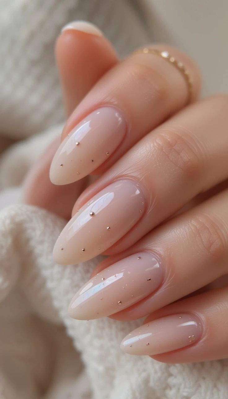 Elegant nude almond nails with little golden dots