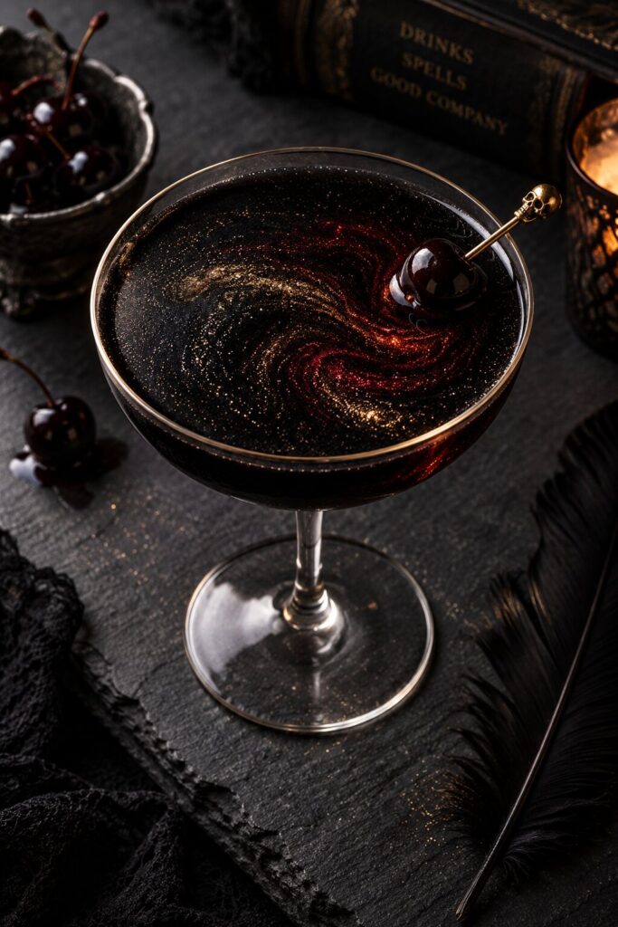 Black magic martini in a coupe glass, an inky black Halloween cocktail with red and gold edible glitter swirling through it on a dark slate surface