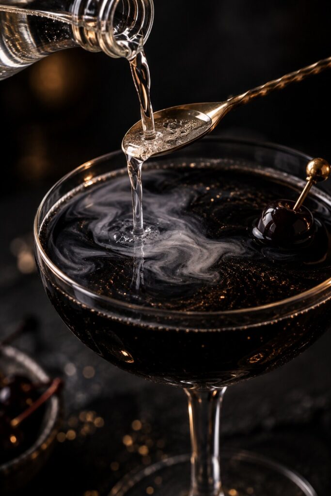Clear tonic poured slowly over a bar spoon onto a black magic martini, swirling on the surface like smoke — the easiest spooky Halloween cocktail trick