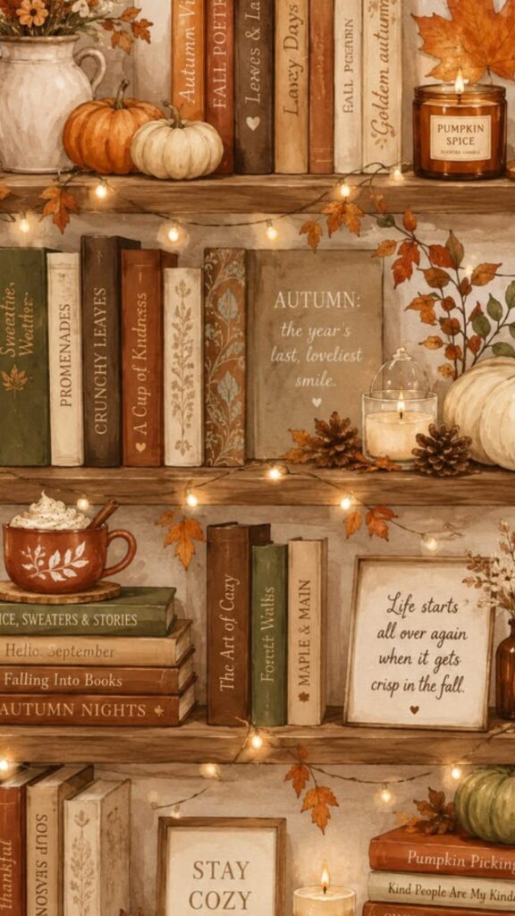 cozy wallpaper for iphone bookshelf autumn